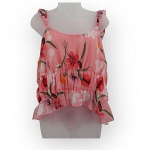 Leith Womens 2X Pink Square Neck Elastic Strap Floral Ruffle Crop Tank Top NWT